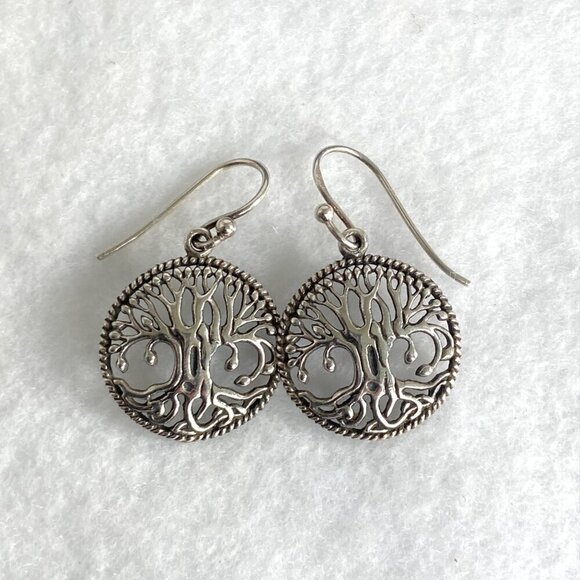 Sterling Silver 925 1.19" Round Openwork Filigree Tree Of Life Dangle Earrings - Picture 3 of 16